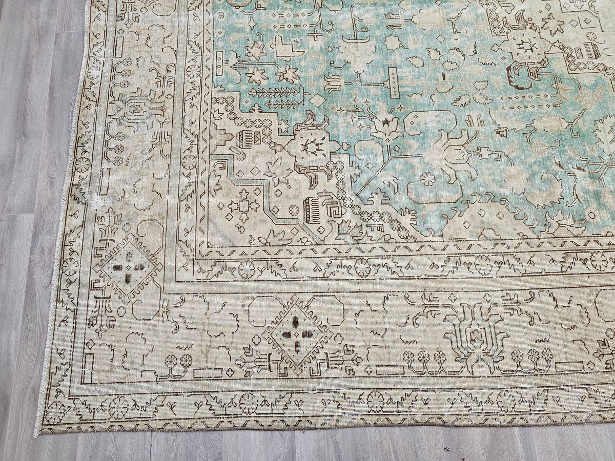 10x12 Neutral Wool Large Vintage Oushak Rug: 10x12 Beige and Sage Green Wool Area Rug