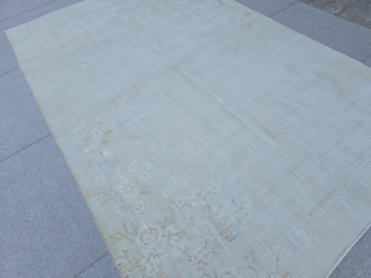 Hand-Knotted Oushak Rug: Vintage Turkish Wool, Neutral Floral (6.60x10.20 ft)