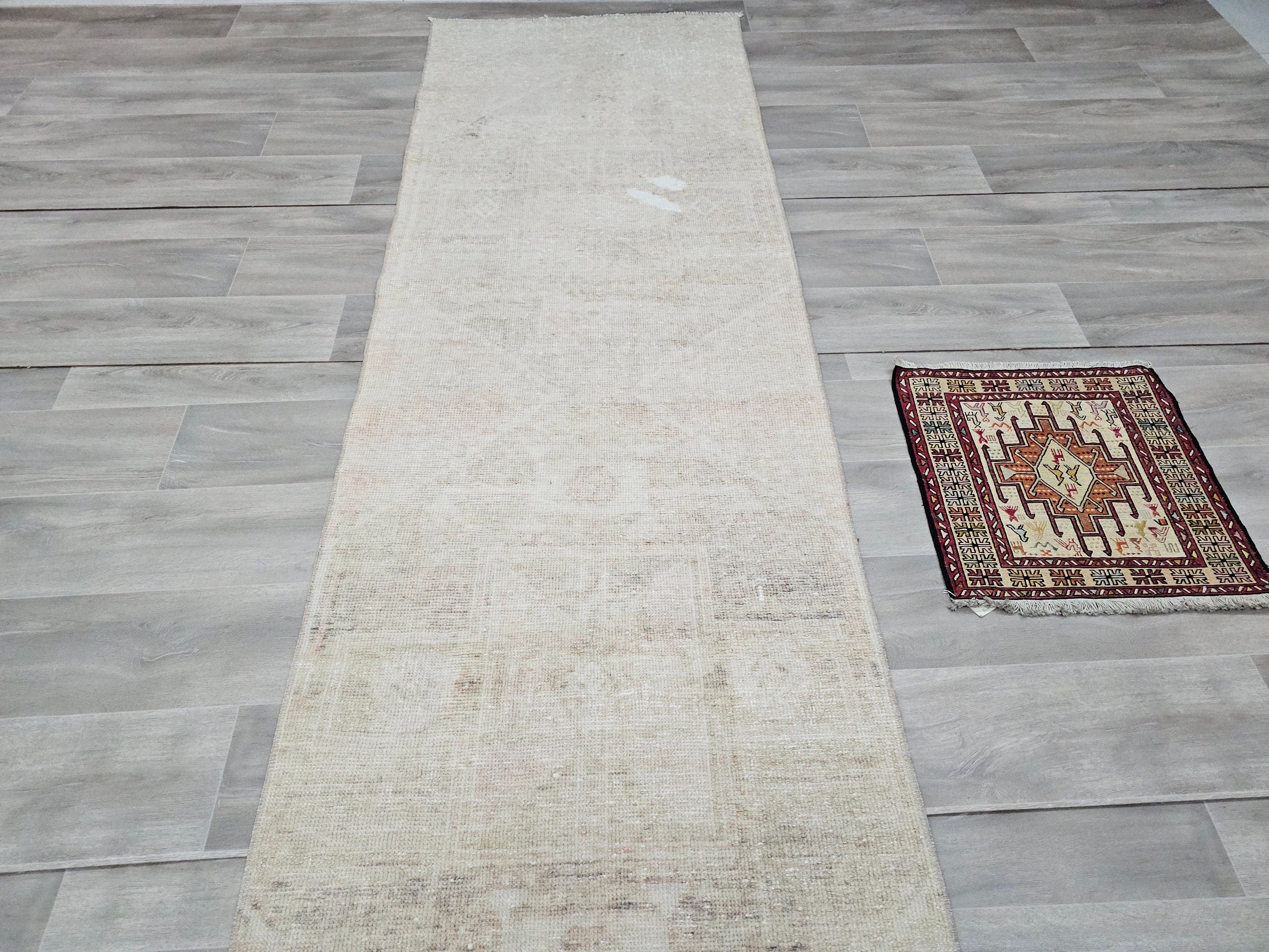 Oushak Turkish Runner Rug 3x13: Neutral Distressed Wool Hallway Rug