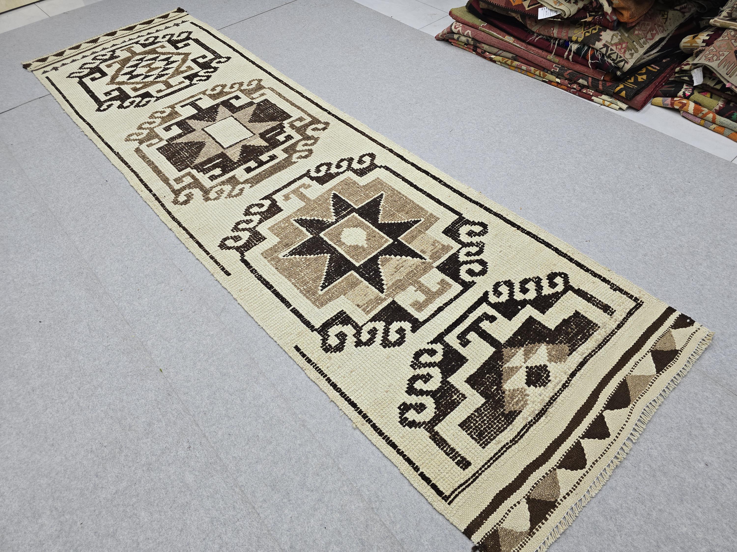 Vintage Anatolian Wool Runner, Hand-Knotted Tree of Life, Cream Brown Boho Hallway Rug