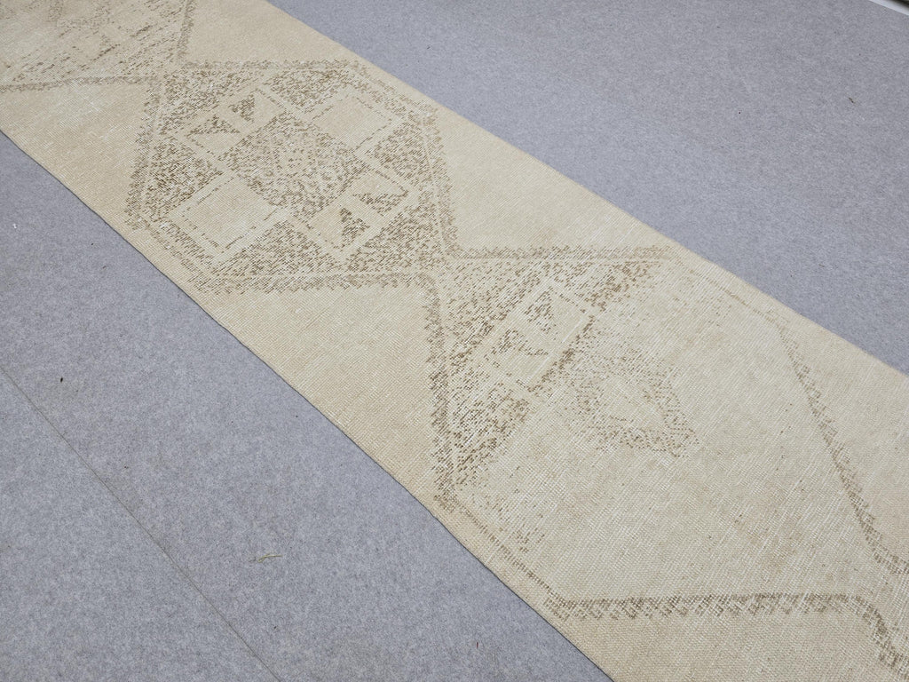 3x12 Turkish Runner - Vintage Oushak Runner Rug: 3x12.25 ft, Neutral Wool Carpet runner Rug