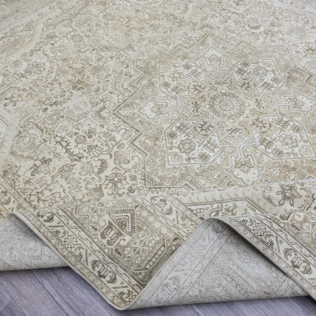 9x12 Hand-Knotted Oushak Rug: Neutral Distressed Vintage Turkish Carpet