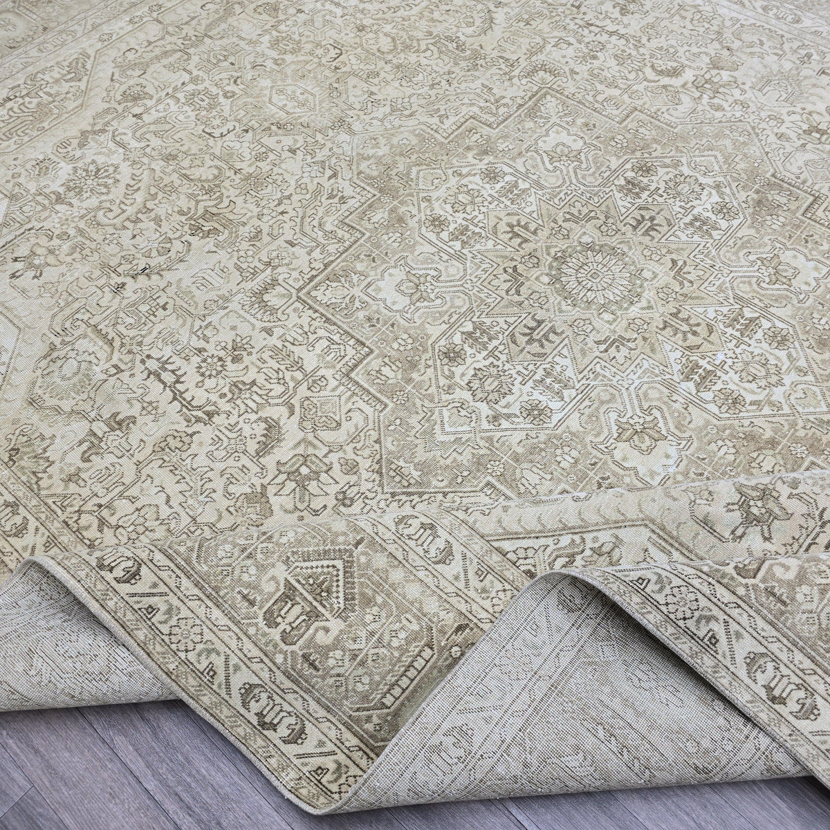 9x12 Hand-Knotted Oushak Rug: Neutral Distressed Vintage Turkish Carpet