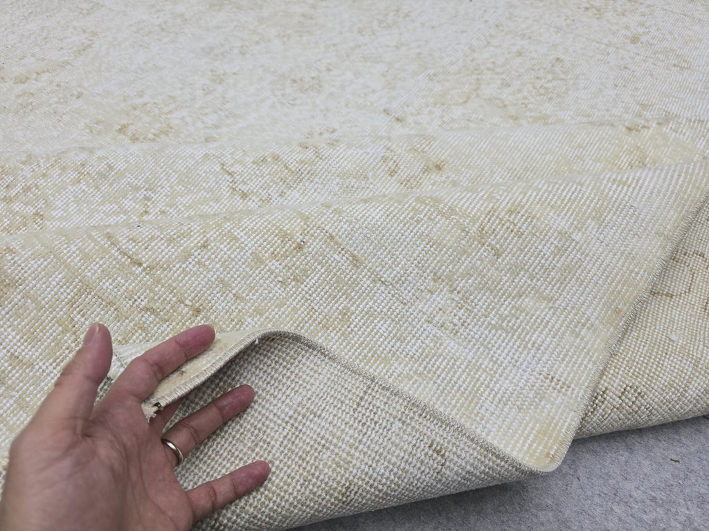 7x10 Handknotted Turkish Oushak Rug, Cream Beige Faded Wool Carpet