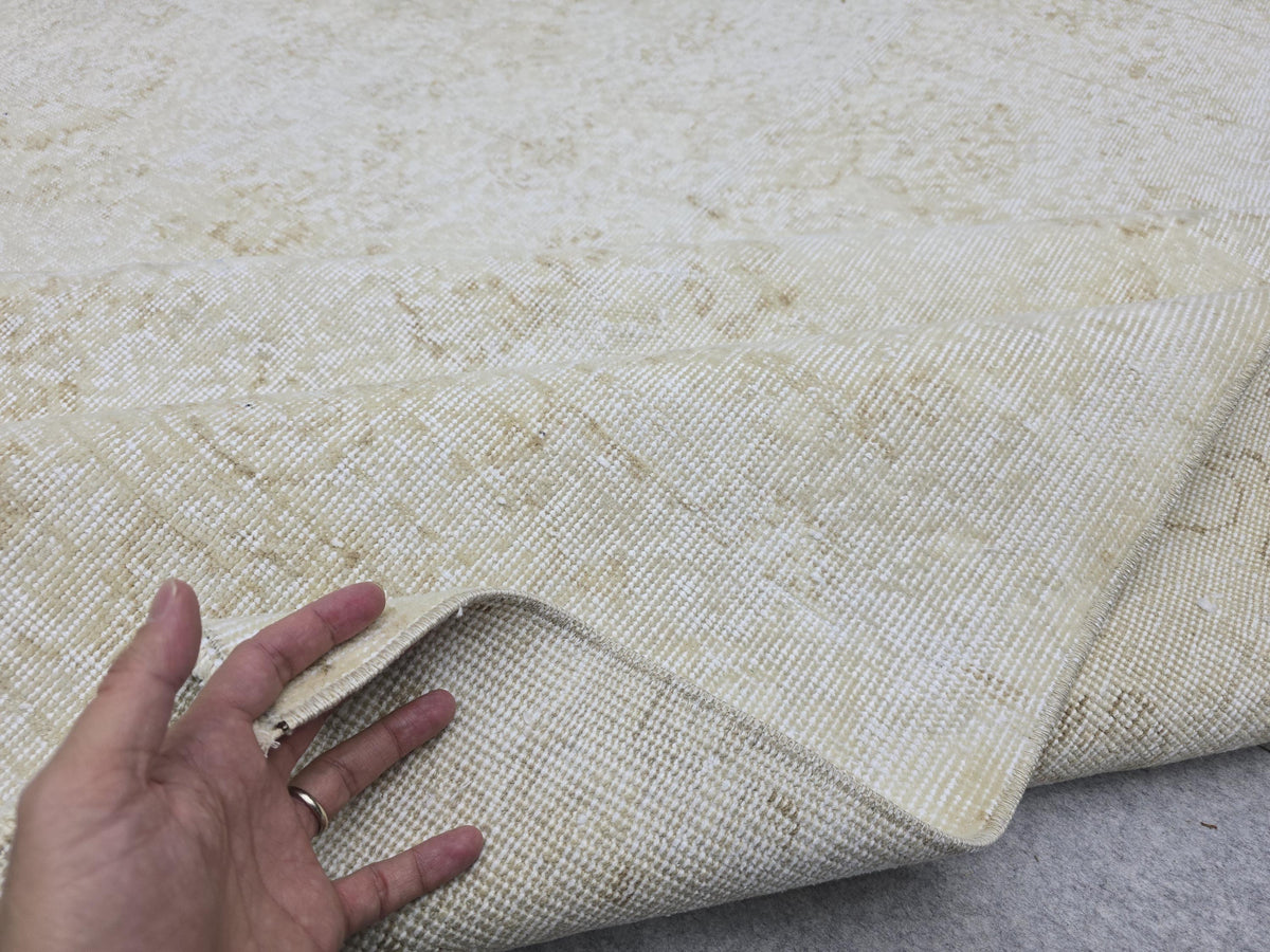 7x10 Handknotted Turkish Oushak Rug, Cream Beige Faded Wool Carpet