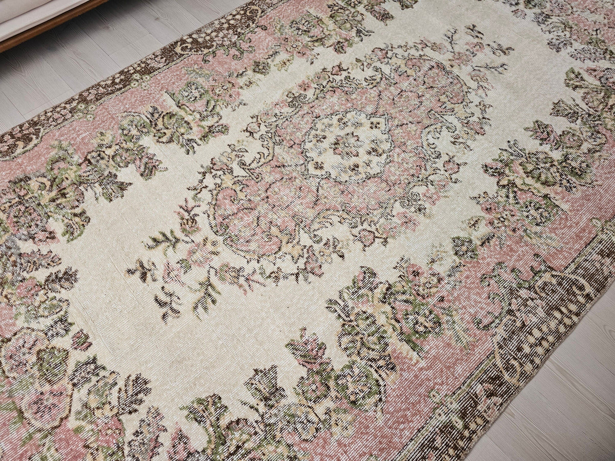 6x10 Vintage Wool Area Rug  - Handwoven Vintage Wool Rug 5.85x10 feet – Pink Cream Floral Bohemian Carpet for Living Room & Bedroom