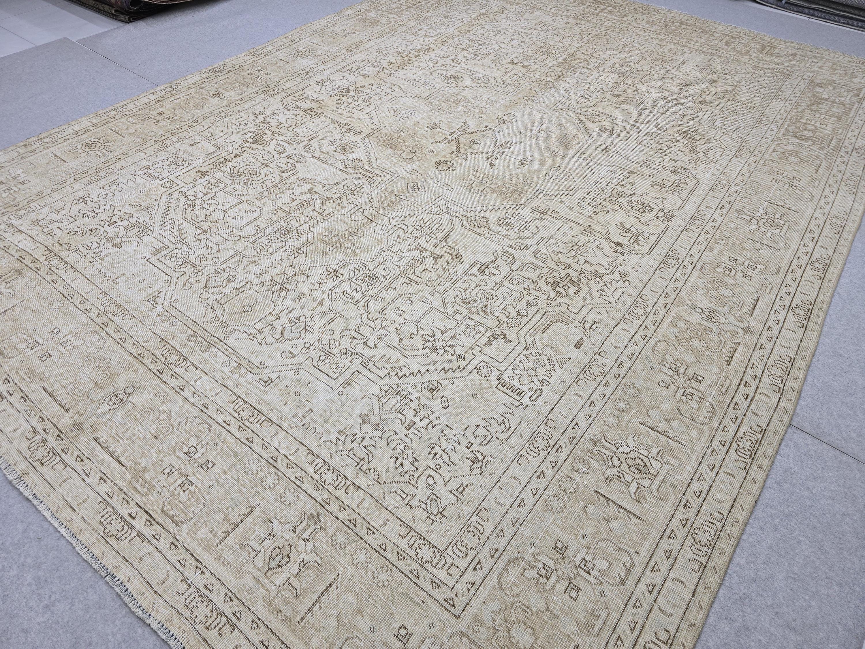 Turkish Rug 10x13, Neutral Beige Vintage Handknotted Wool Carpet, Faded Medallion Area Rug for Dining Room
