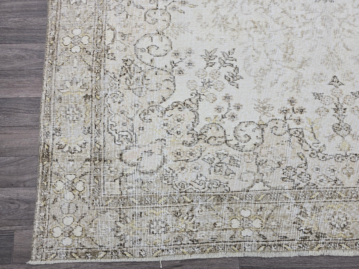 Vintage Turkish Oushak Rug: 6.5x9.5 ft, Beige Wool Floral Carpet