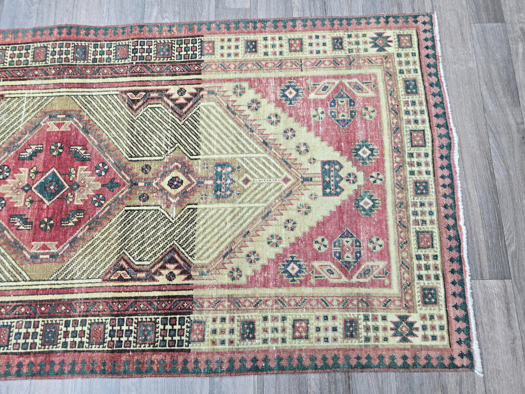 Vintage Turkish Runner Rug 3x11: Handknotted Oushak, Pastel Geometric Hallway Rug
