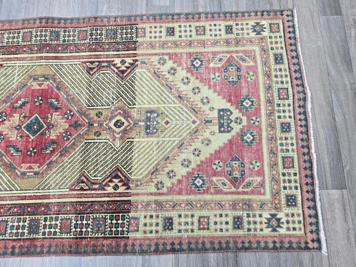 Vintage Turkish Runner Rug 3x11: Handknotted Oushak, Pastel Geometric Hallway Rug
