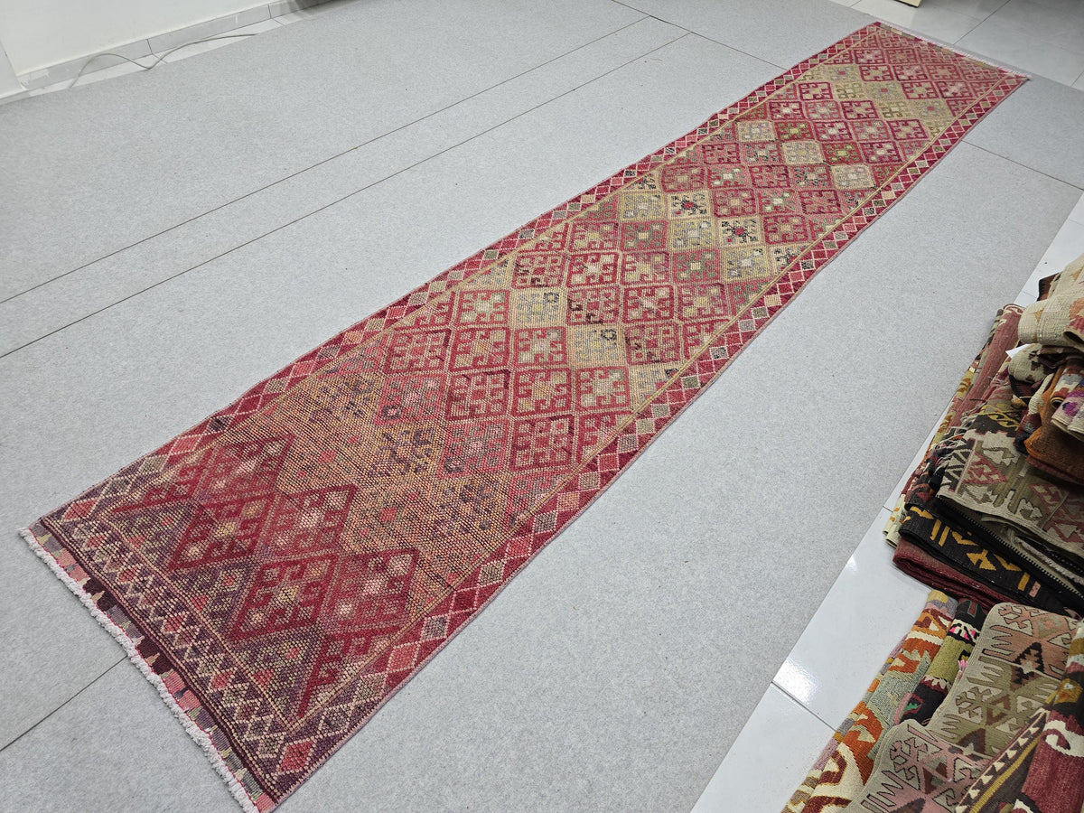 3x14 Vintage Oushak Runner Rug: Hand-Knotted Wool Turkish runner rug for Kitchen and Stairs - Long Hallway runner (2.75x14.4 ft)