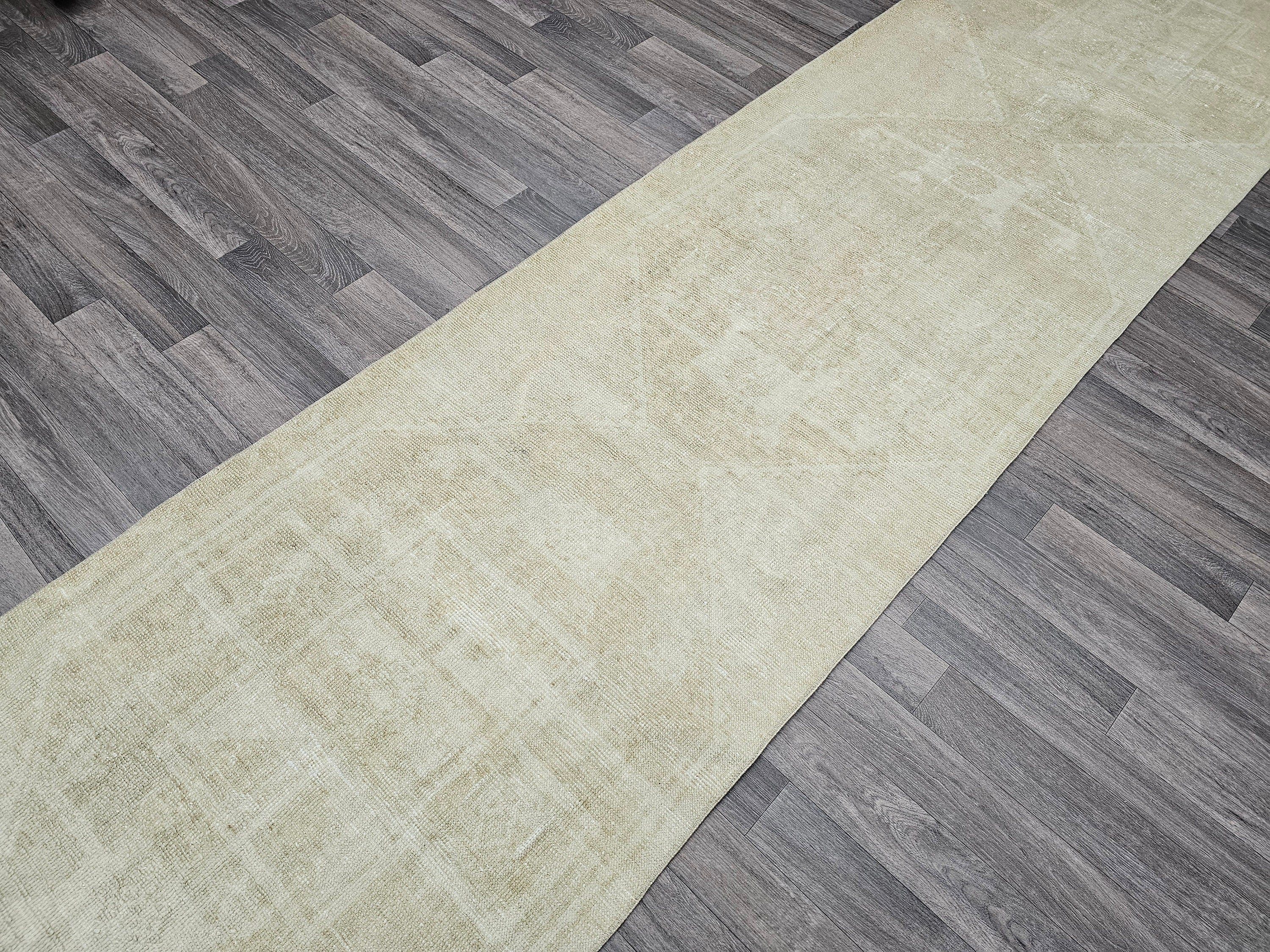 Neutral Oushak Runner Rug: 3x13 Vintage Turkish Hallway Rug