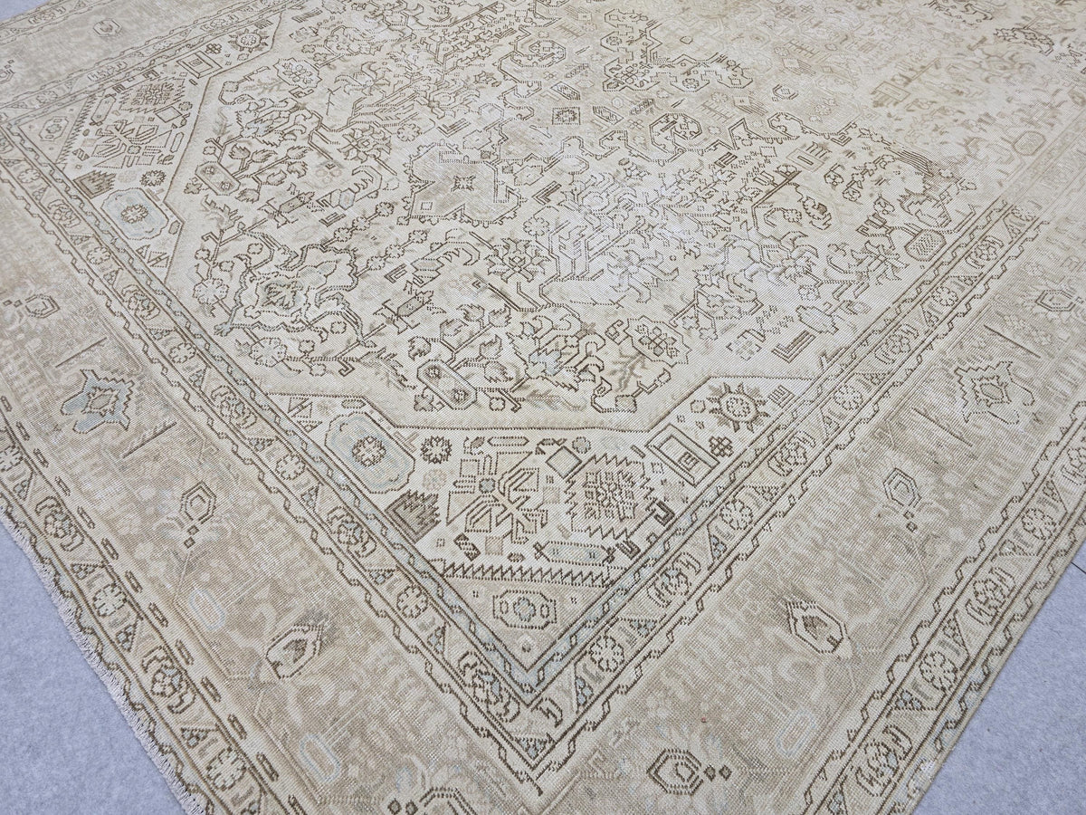 Oushak Rug 9x12, Antique Beige Medallion Wool Carpet, Muted Tan Hand Knotted Vintage Area Rug for Office or Living Room