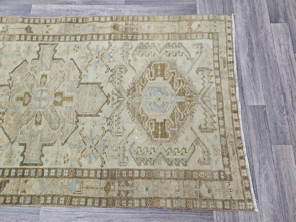 Vintage Geometric Runner Rug – 3.5x9.75 ft Distressed Hallway Carpet in Earthy Tones