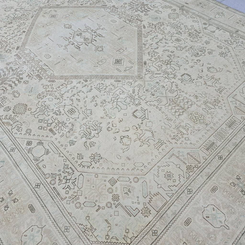 Neutral Anatolian Rug 9x12 Ivory Aqua Medallion Hand Knotted Vintage Wool