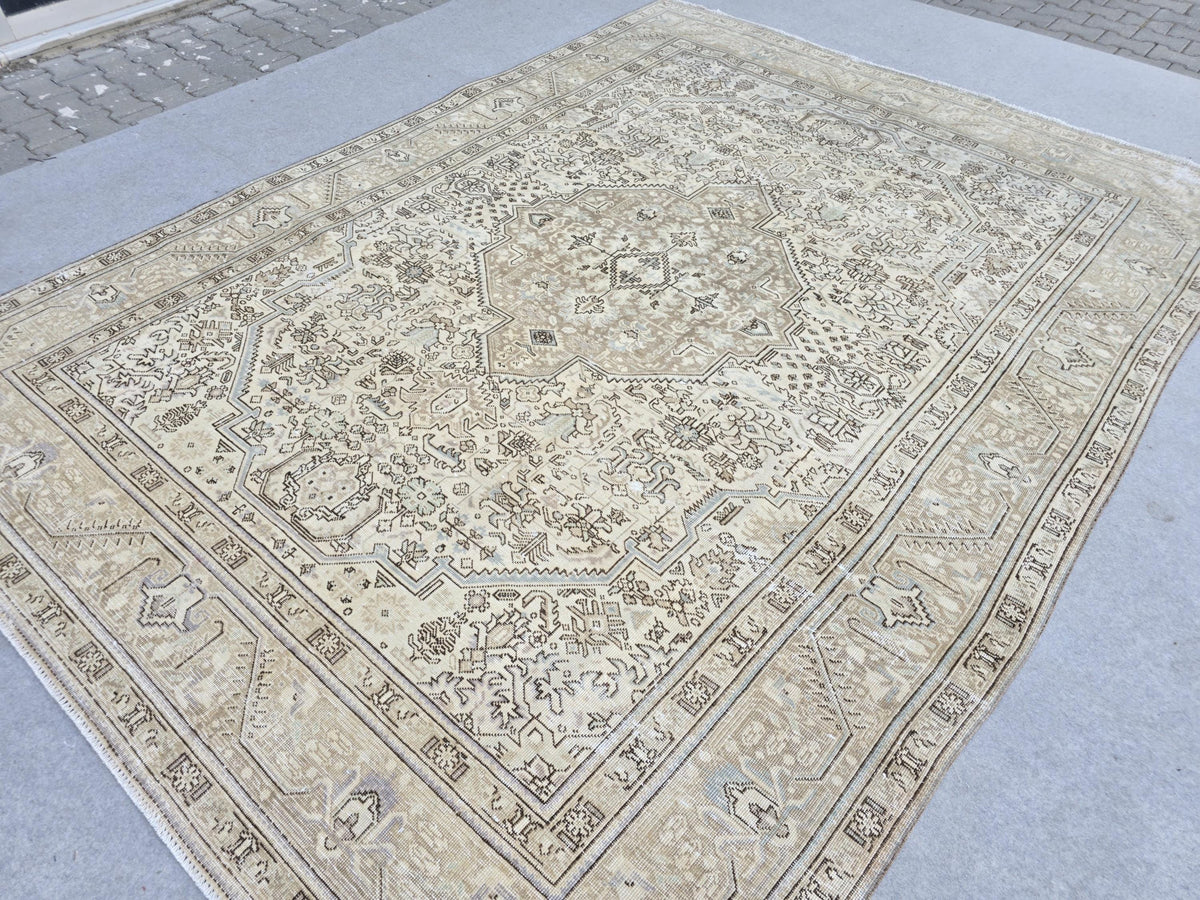 Oushak Rug 8x11, Neutral Vintage Turkish Rug, Beige Wool Area Rug for Living Room, Muted Medallion Rug, Boho Bedroom and Office Decor