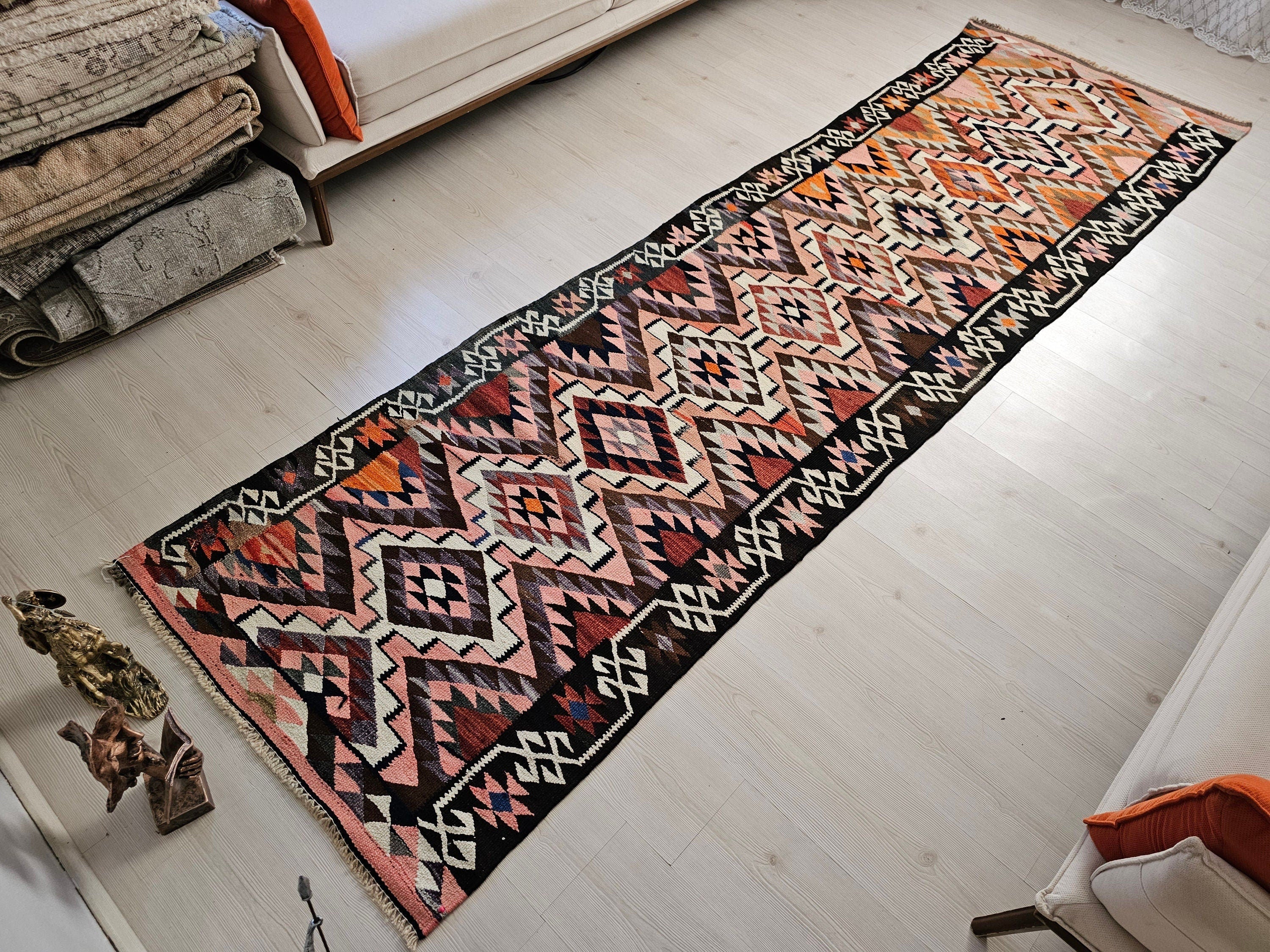 Geometric Wool Turkish Runner Rug: Vintage Oushak Design, 3x11 ft