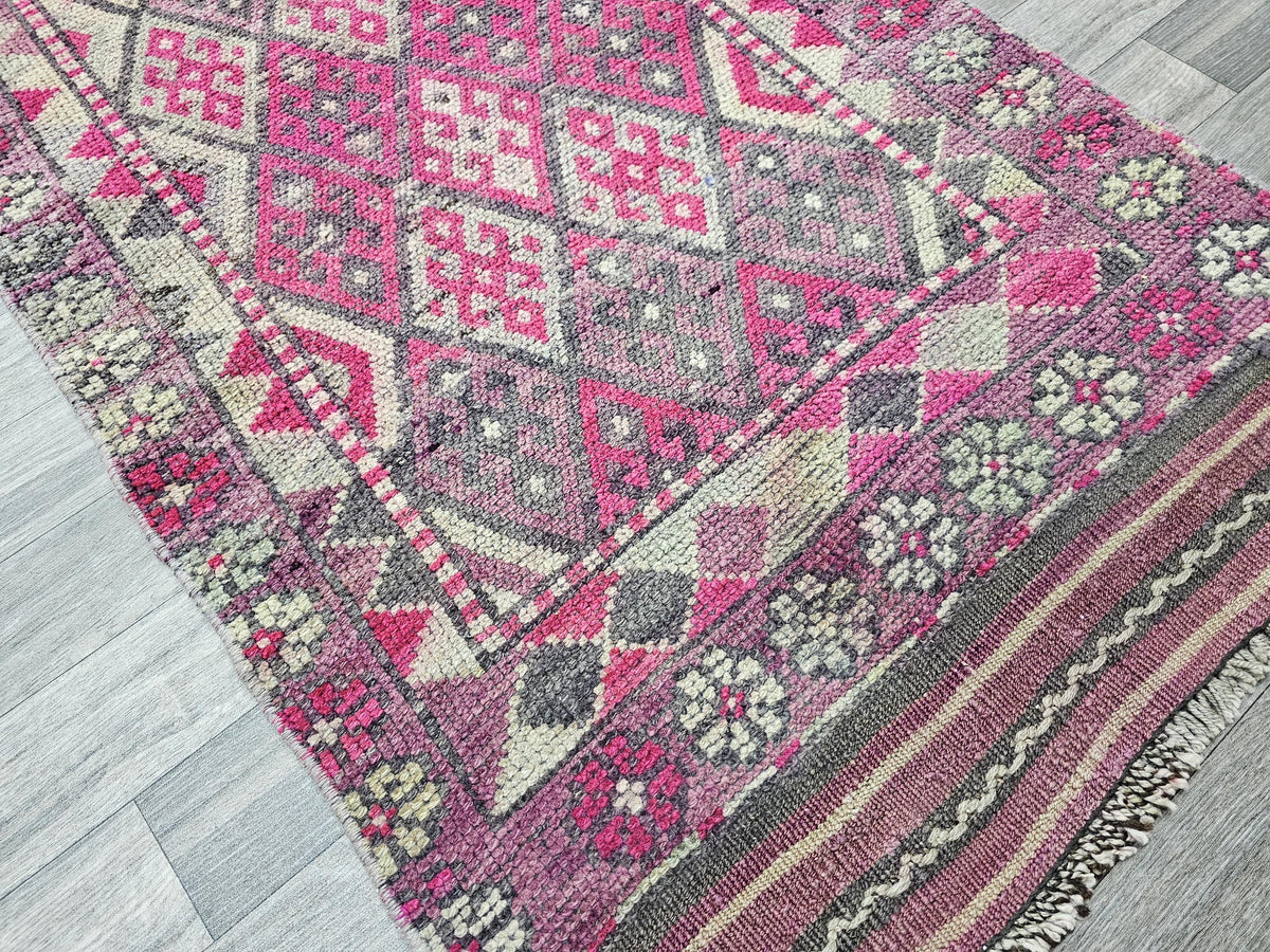 Hand Knotted Wool Turkish Runner: Vintage Geometric Hallway Rug (2.70x14.70 ft)