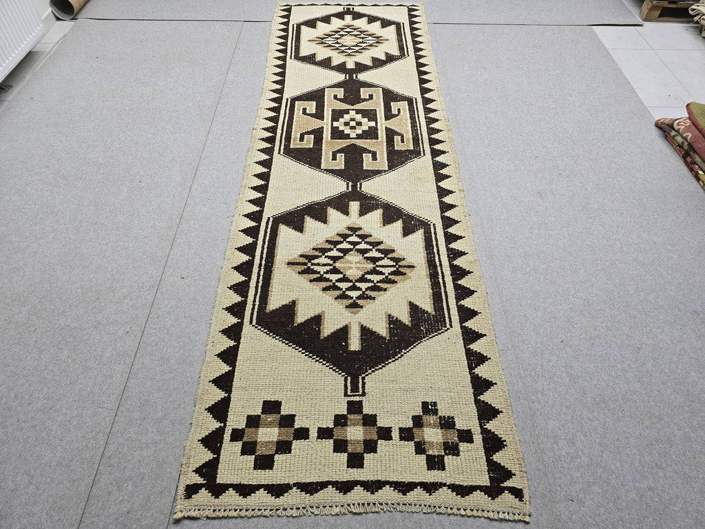3x10 Vintage Turkish Runner Rug 3x10, Hand Knotted Tribal Wool Runner, Cream Brown Hallway Rug, Anatolian Oushak Runner, Boho Kitchen Runner