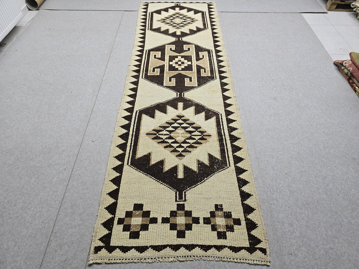 3x10 Vintage Turkish Runner Rug 3x10, Hand Knotted Tribal Wool Runner, Cream Brown Hallway Rug, Anatolian Oushak Runner, Boho Kitchen Runner