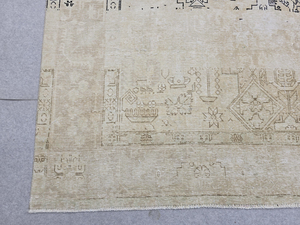 Vintage Rug 9x12, Distressed Cream Oushak Carpet, Faded Beige Medallion Hand Knotted Wool Area Rug for Dining Room