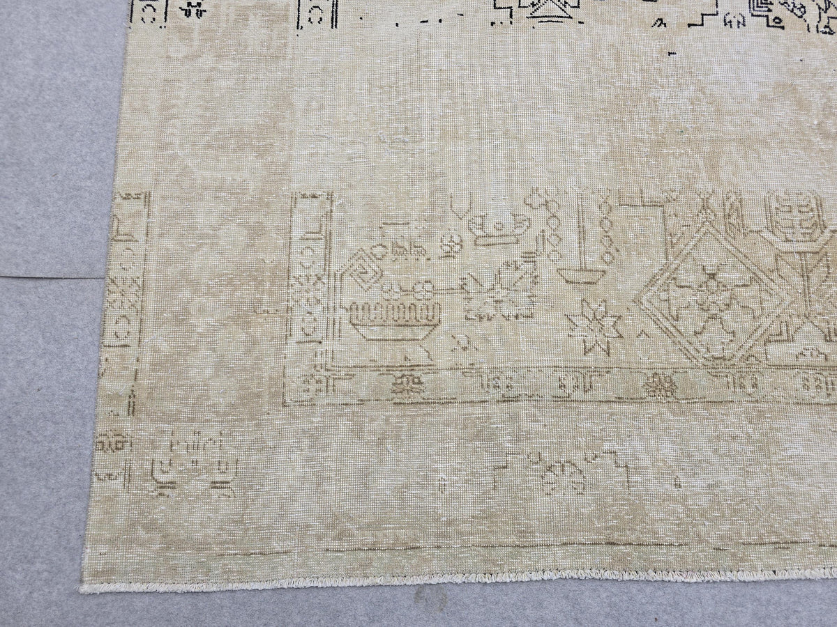 Vintage Rug 9x12, Distressed Cream Oushak Carpet, Faded Beige Medallion Hand Knotted Wool Area Rug for Dining Room