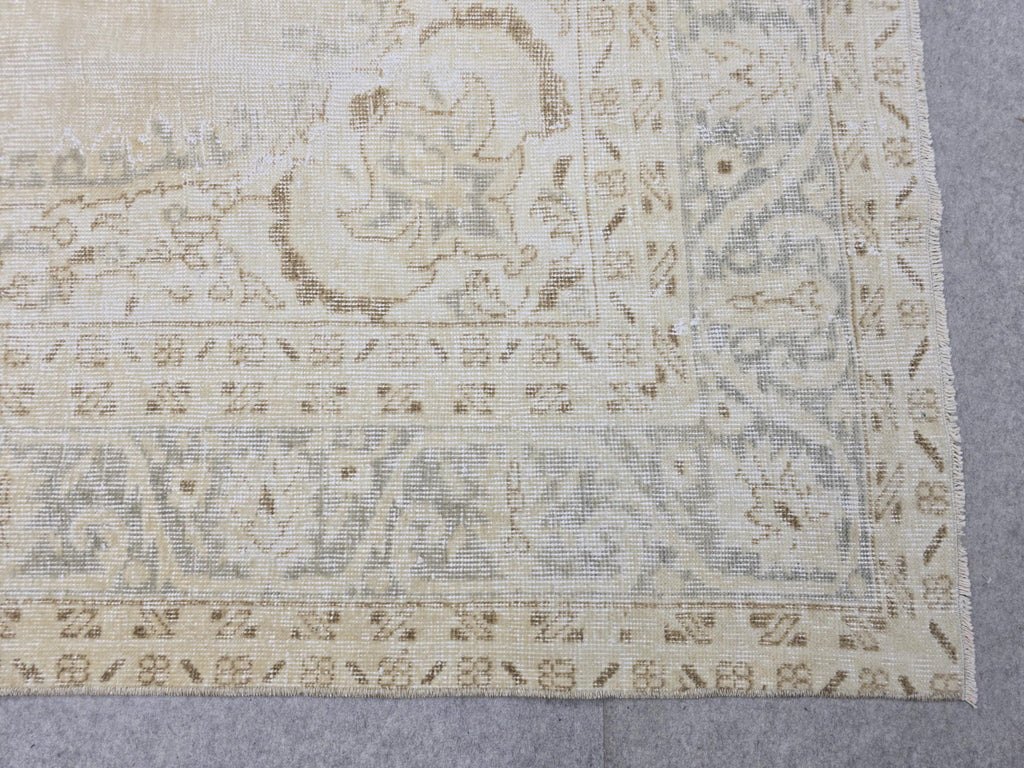 Oushak Rug 7x10, Beige Medallion Antique Turkish Carpet, Faded Muted Handknotted Wool Rug for Living Room Office