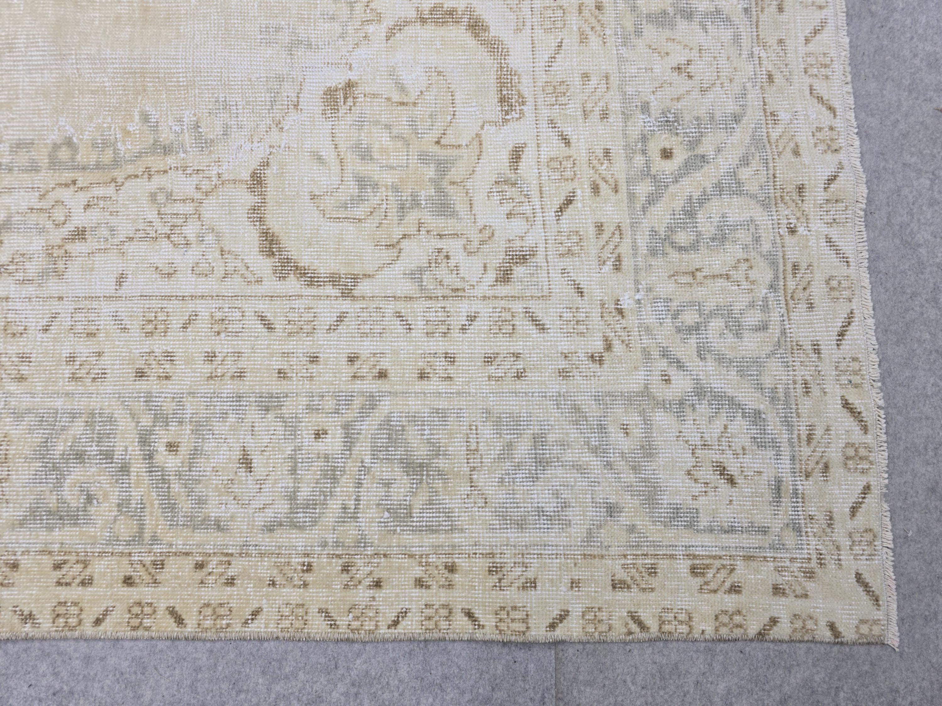 Oushak Rug 7x10, Beige Medallion Antique Turkish Carpet, Faded Muted Handknotted Wool Rug for Living Room Office