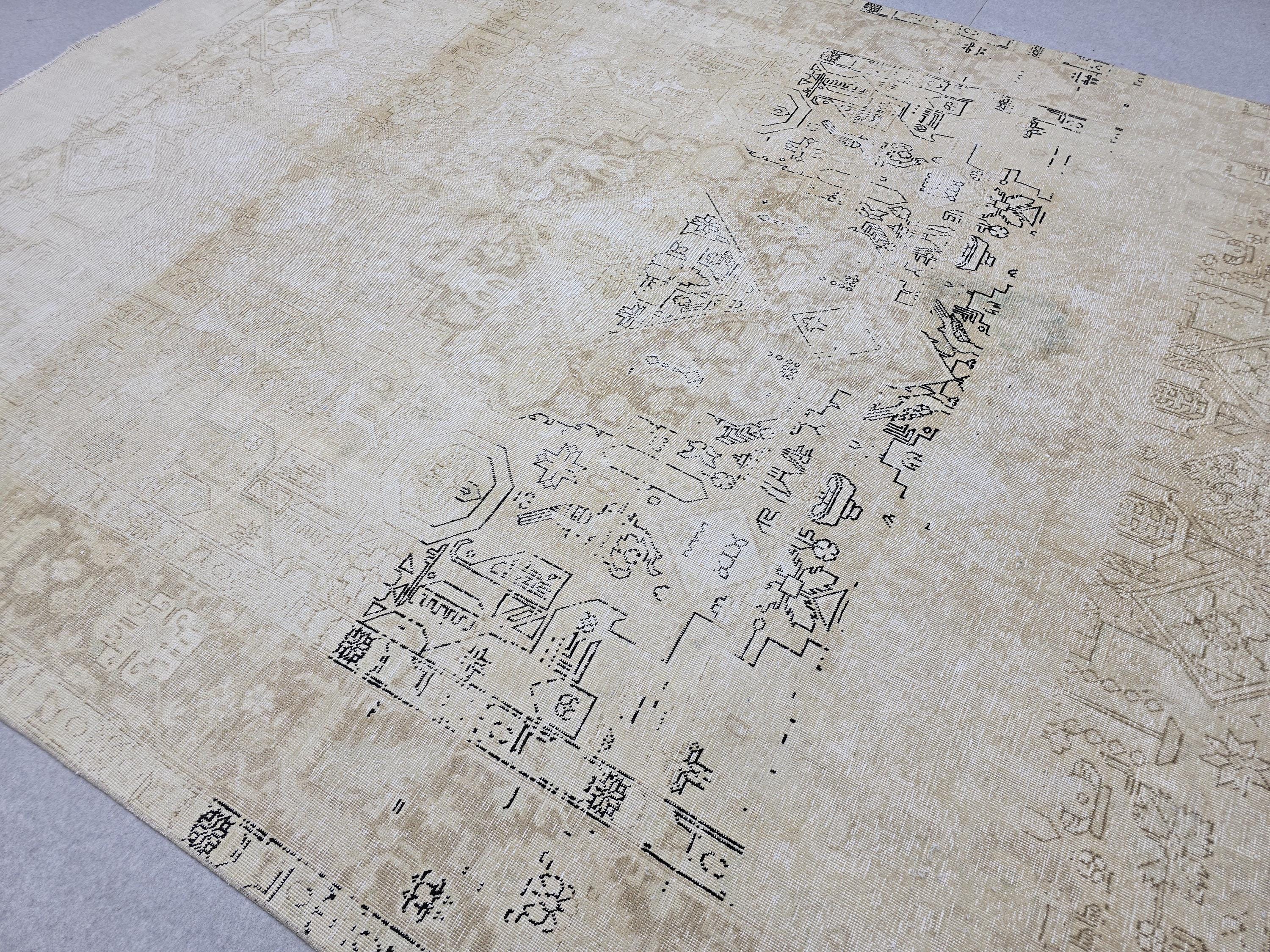 Vintage Rug 9x12, Distressed Cream Oushak Carpet, Faded Beige Medallion Hand Knotted Wool Area Rug for Dining Room