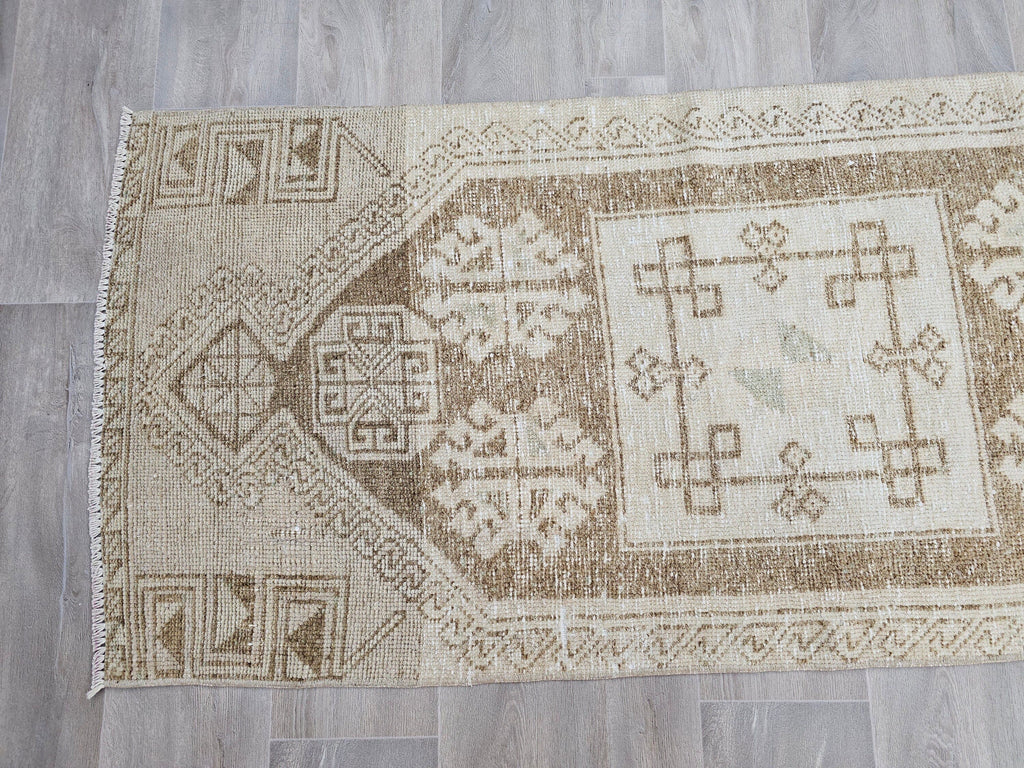 Hand Knotted Turkish Wool Runner Rug: Neutral Anatolian Design (2.50x11.85 feet)