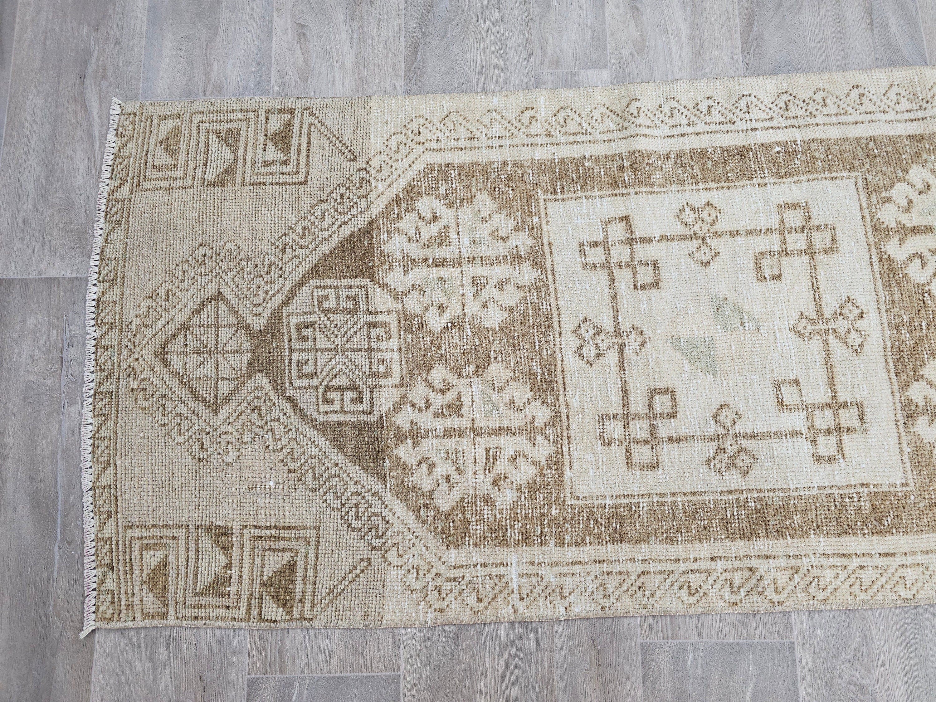 Hand Knotted Turkish Wool Runner Rug: Neutral Anatolian Design (2.50x11.85 feet)