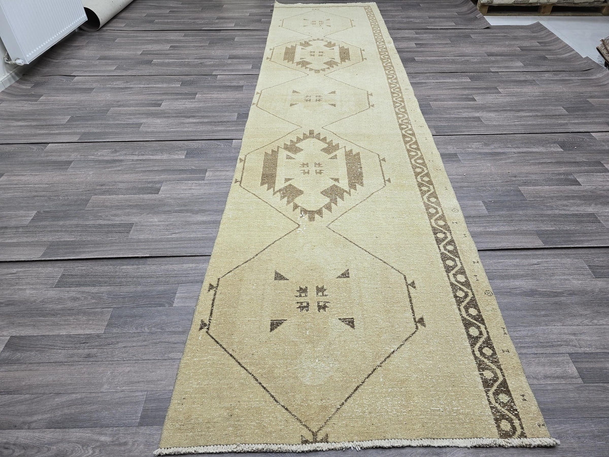 Vintage Anatolian Runner Rug: Cream Beige Wool Hallway Carpet (3.4x13.6 ft)