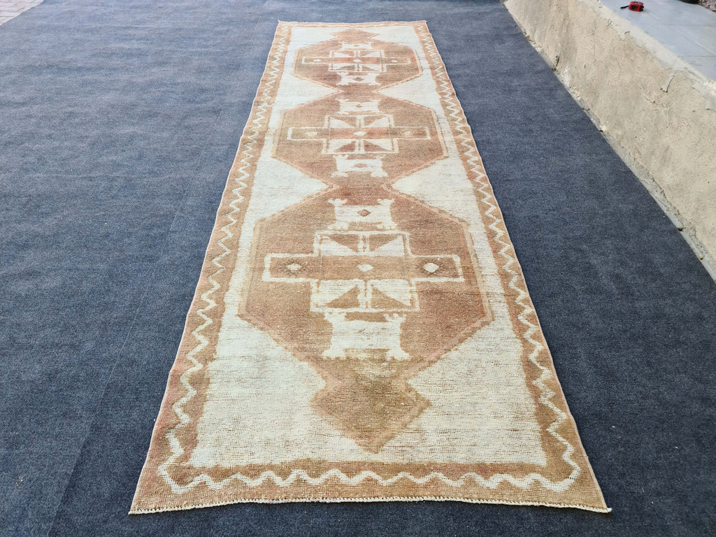 Hand Knotted Wool Oushak Runner: 4x12 Vintage Turkish Rug