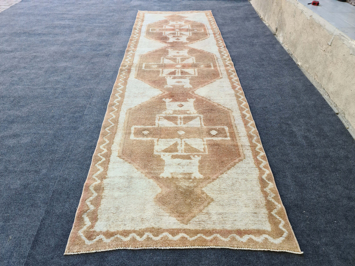 Hand Knotted Wool Oushak Runner: 4x12 Vintage Turkish Rug