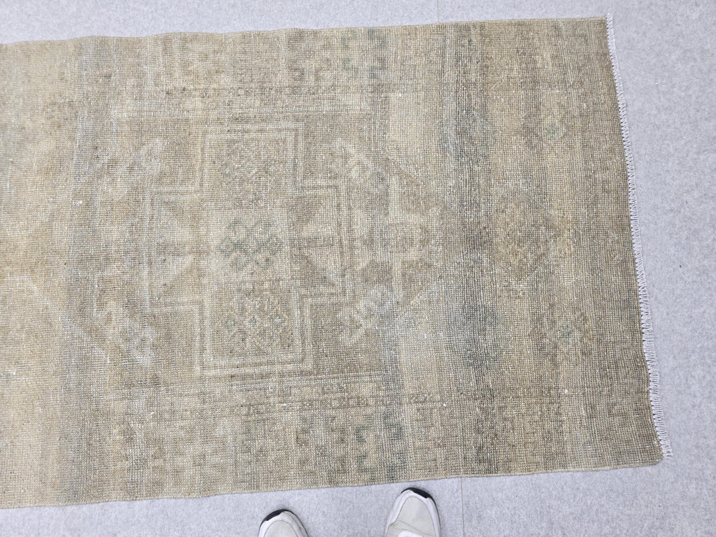 Turkish Runner Rug 3.5x11, Olive Sage Earth Tone Hallway Runner, Faded Wool Kitchen Runner, Tribal Corridor Rug for Dining Room Decor