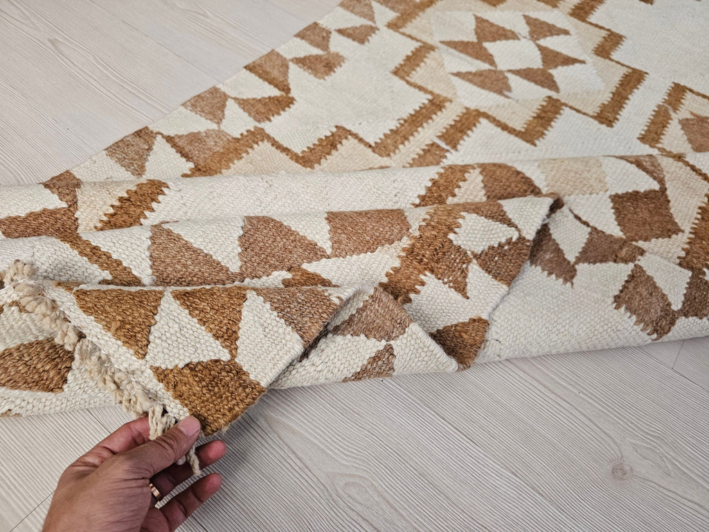 Vintage Turkish Oushak Runner Rug: Neutral Geometric Wool Hallway Rug (3.10x10.70 feet)