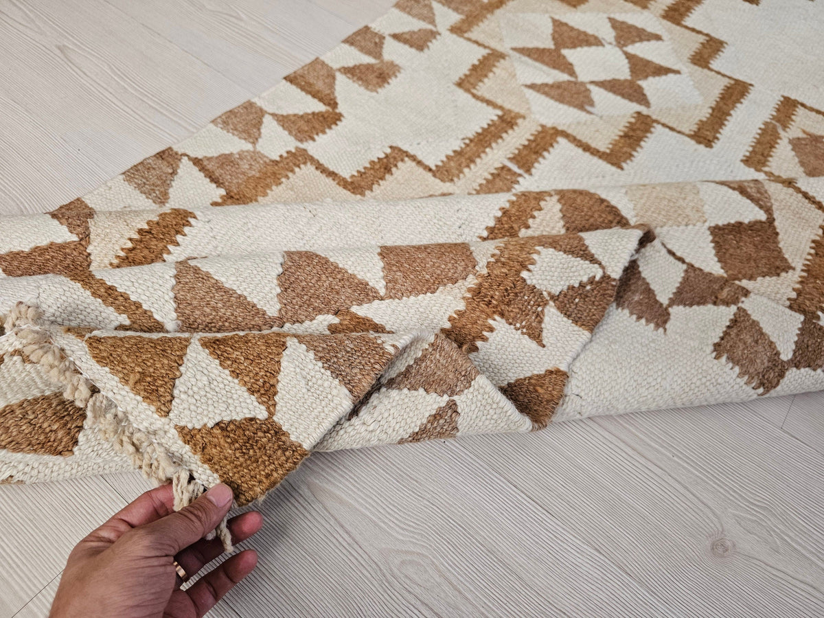 Vintage Turkish Oushak Runner Rug: Neutral Geometric Wool Hallway Rug (3.10x10.70 feet)