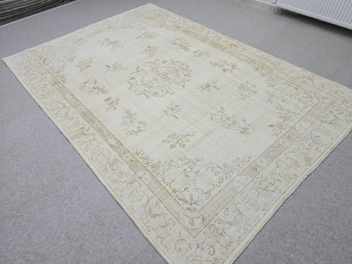 Vintage Turkish Wool Rug, Muted Cream Isparta Carpet, 7x10 Living Room Decor