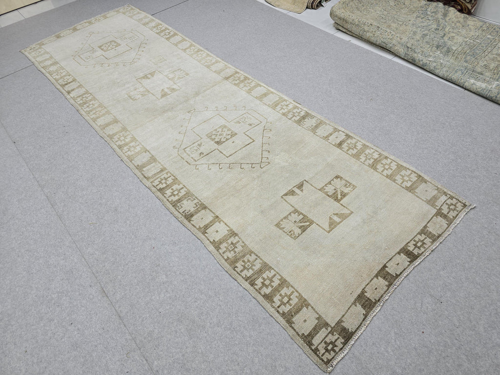 Oushak Rug 4x12, Neutral Runner Rug, Faded Hand Knotted Wool Turkish Runner, Muted Beige Hallway Rug, Vintage Boho Stair Neutral Runner