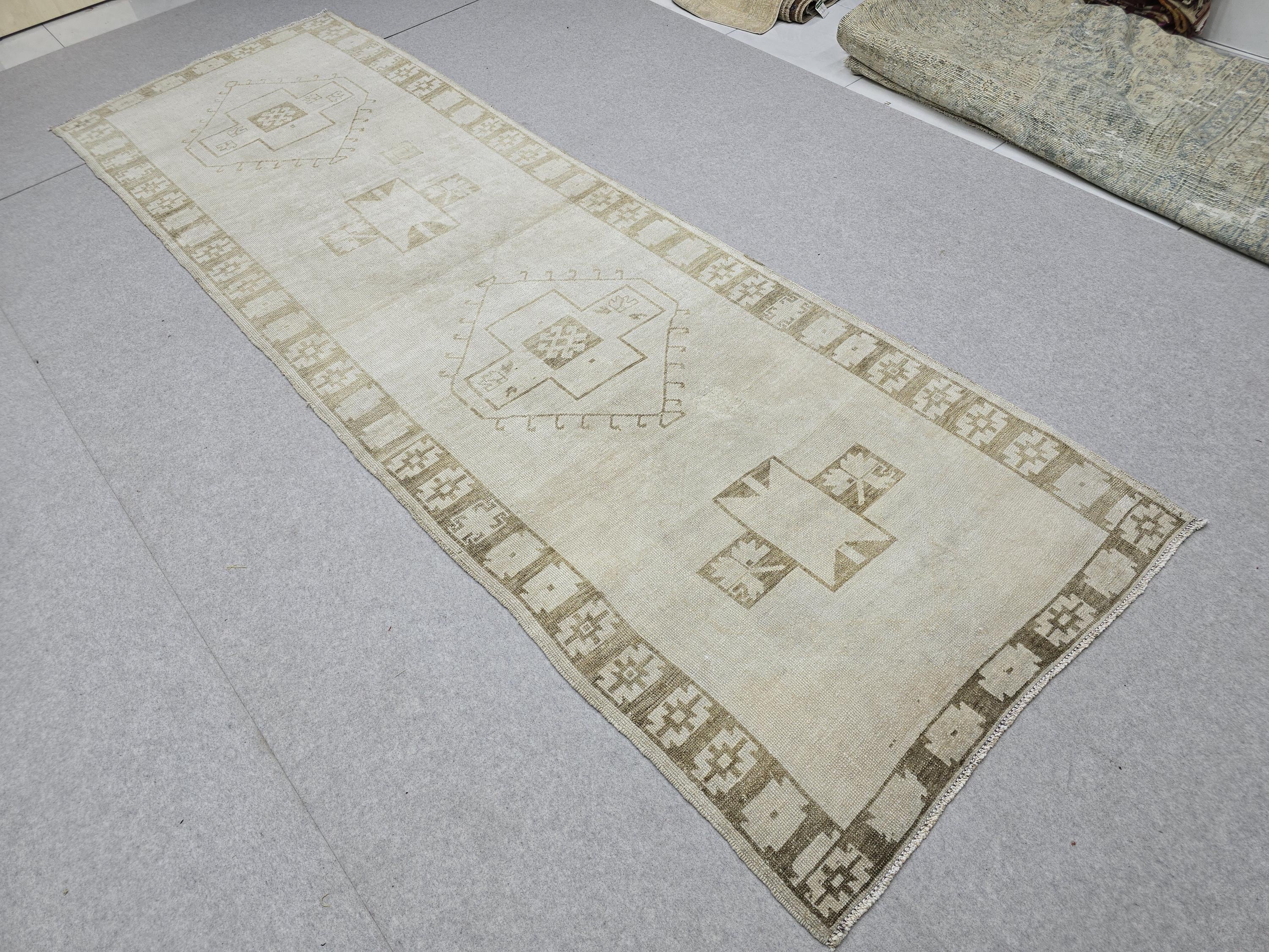 Oushak Rug 4x12, Neutral Runner Rug, Faded Hand Knotted Wool Turkish Runner, Muted Beige Hallway Rug, Vintage Boho Stair Neutral Runner