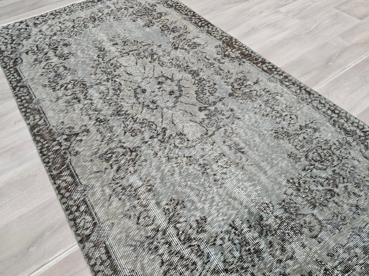 4x7 Overdyed Turkish Wool Rug: Floral Oushak Rug
