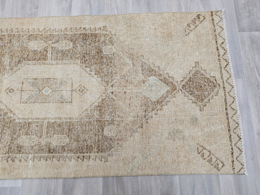 Neutral Turkish Oushak Runner Rug: Hand-Knotted Wool Boho Decor (3x11.5 ft)