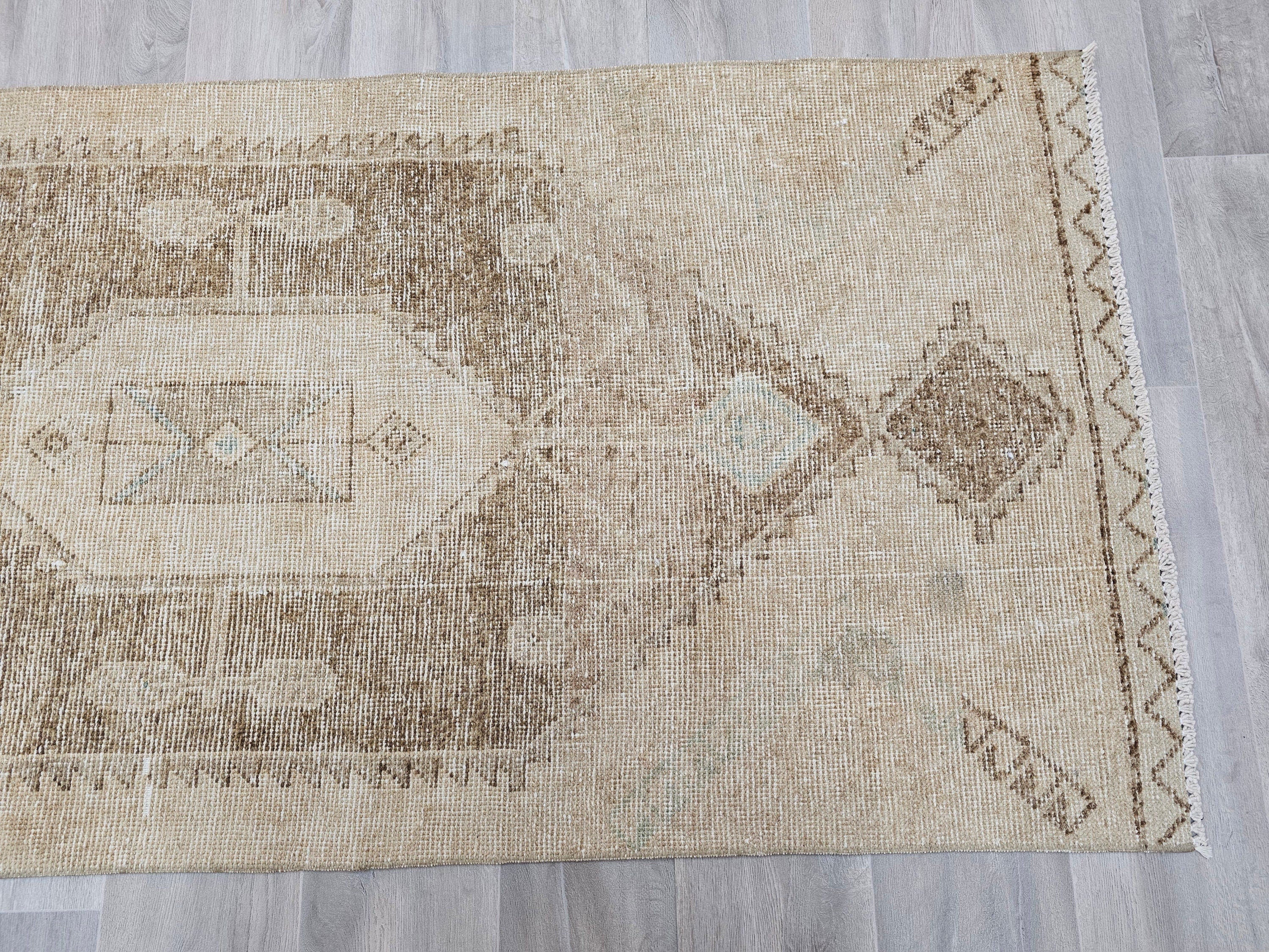 Neutral Turkish Oushak Runner Rug: Hand-Knotted Wool Boho Decor (3x11.5 ft)