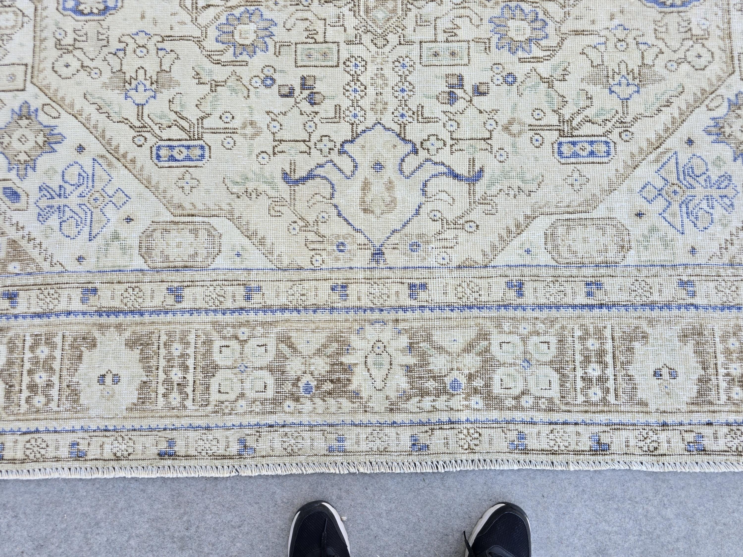 Oushak Rug 8x11, Vintage Turkish Rug, Blue Beige Area Rug, Hand Knotted Wool Rug, Faded Living Room Rug, Boho Neutral Carpet