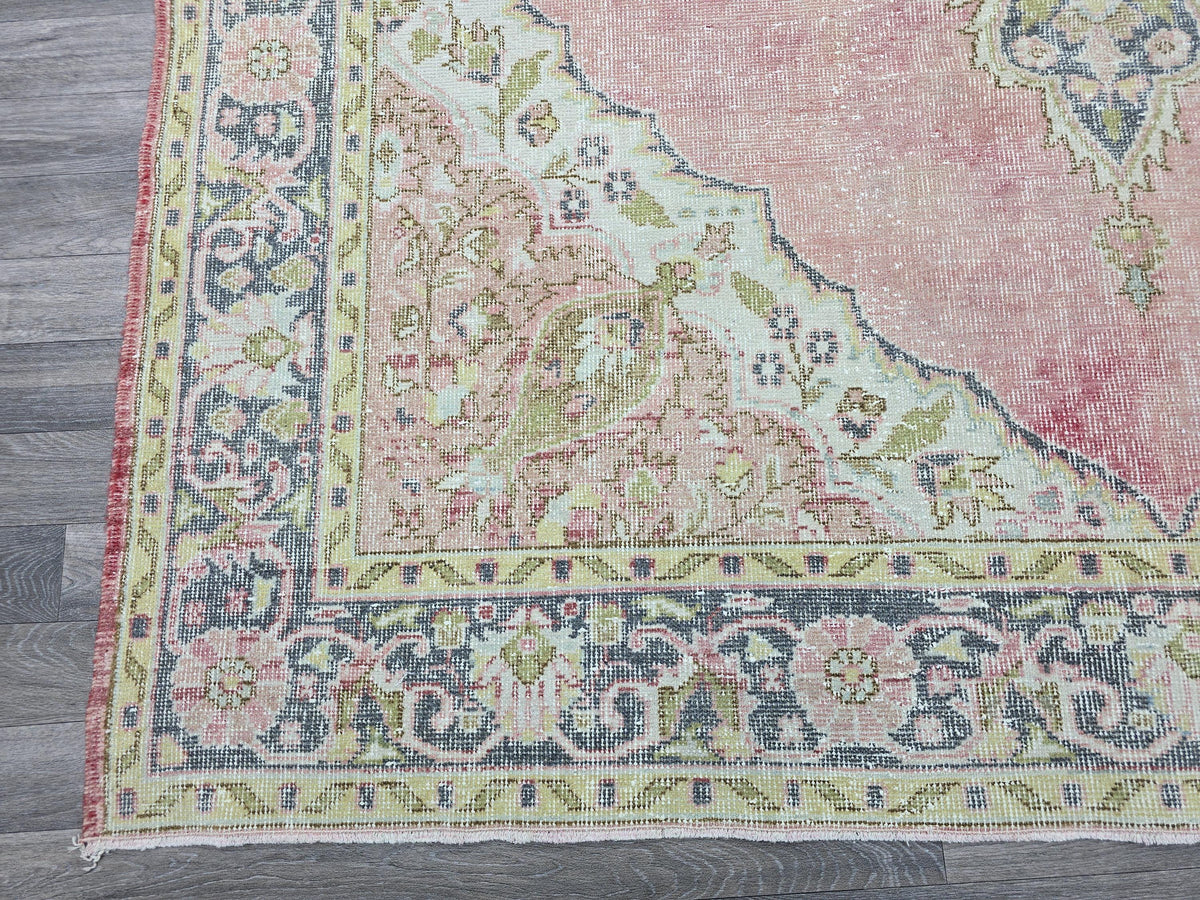 Vintage Turkish Oushak Rug: 7x11 Pink Floral Wool Carpet