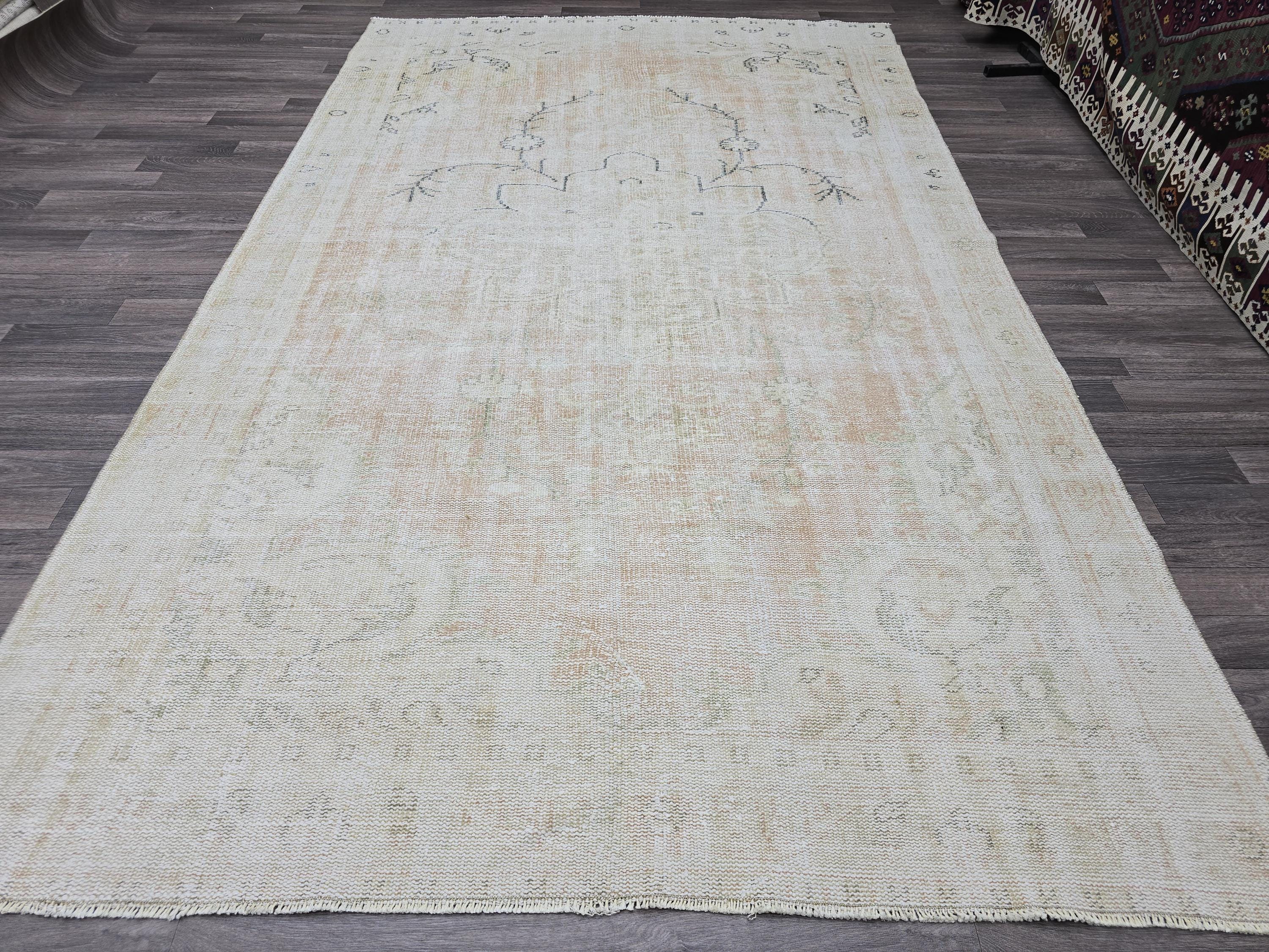 6x10 Vintage Turkish Oushak Rug: Hand-Knotted Wool, Neutral Beige