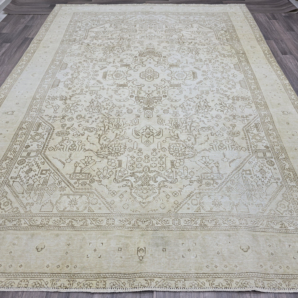 Oushak Rug 8x11: Vintage Turkish Wool Area Rug, Neutral Distressed Geometric