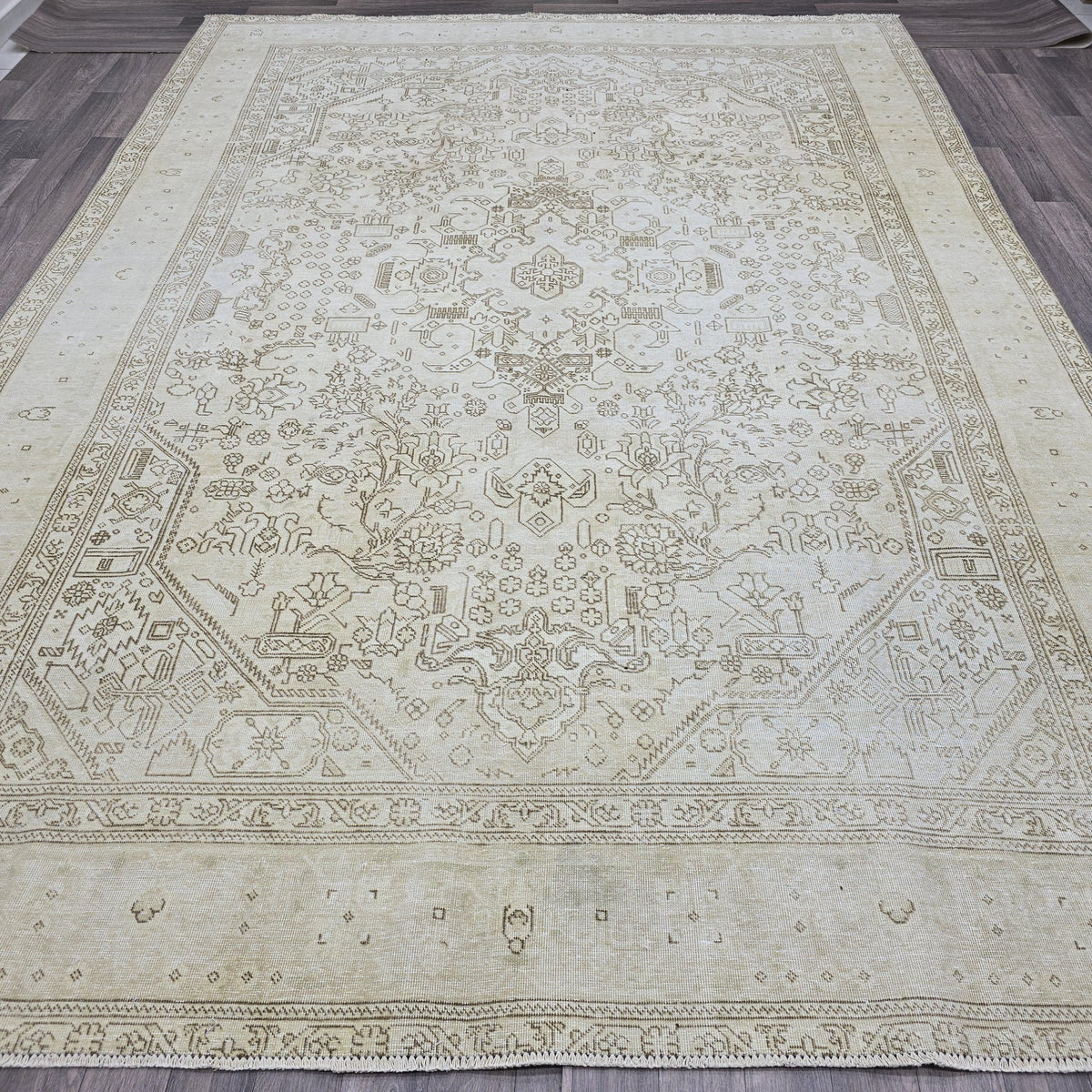 Oushak Rug 8x11: Vintage Turkish Wool Area Rug, Neutral Distressed Geometric