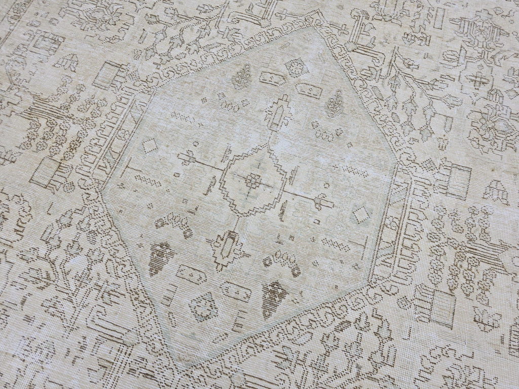 Oversize Neutral Oushak Rug: 9.25x12.8 ft Distressed Turkish Wool Carpet