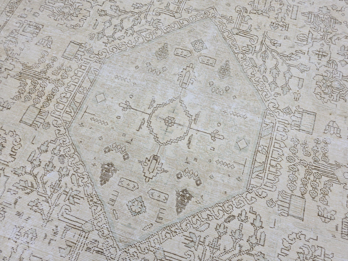 Oversize Neutral Oushak Rug: 9.25x12.8 ft Distressed Turkish Wool Carpet